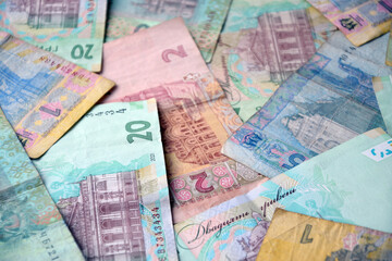 Processed collage of Ukrainian Hryvnia UAH bills banknotes texture. Background for banner