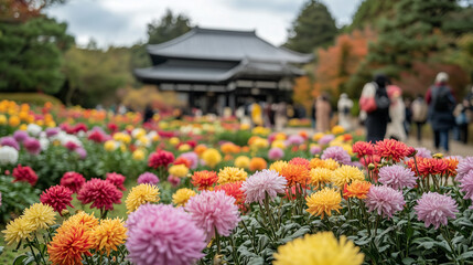 flower garden at Chrysanthemum Festival with ancient Japanese palace in the background, thousands of chrysanthemums blooming in various colors decorate the scene, Ai generated images