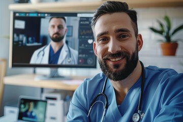A healthcare professional in scrubs smiles while interacting on a video call with a patient on a screen in a bright office environment.