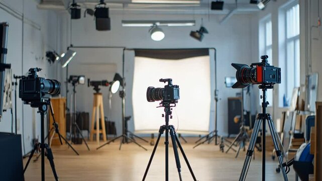 A modern video production studio featuring high-end cameras on tripods, lighting rigs, and a minimalist setup for filming