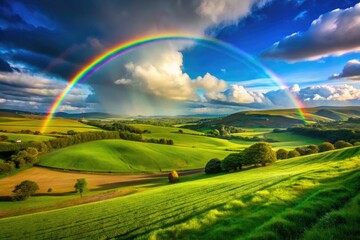 Fototapeta premium Vibrant Rainbow Arching Across a Clear Blue Sky Over Lush Green Fields and Rolling Hills Landscape