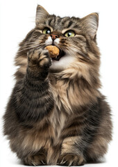 Obraz premium Fluffy Cat Joyfully Nibbling on a Treat, Showing Its Adorable Side