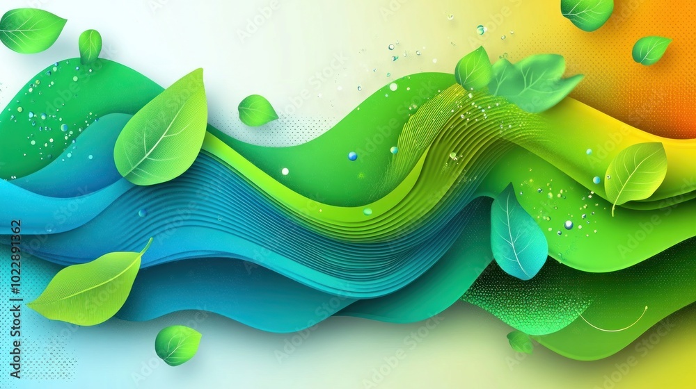 Sticker A vibrant abstract design featuring flowing waves and green leaves, symbolizing nature and freshness.