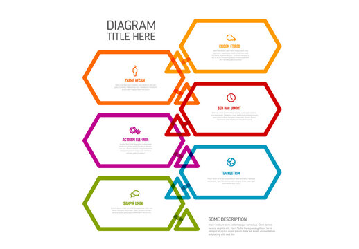 Six steps process with hexagon content rectangles and triangle arrows