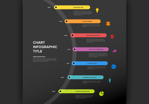 Thick line rainbow Infogrpahic timeline template with icons on the big circle and dark background