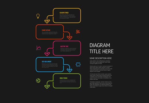 Dark five rectangle steps vertical template with icons, description and arrow