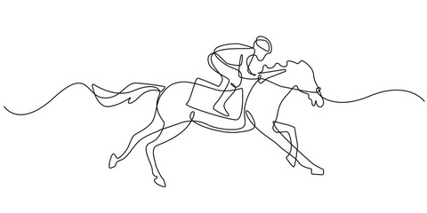 one continuous line drawing of horse jockey.one line drawing of horse racing sport.single line vector illustration.isolated white background