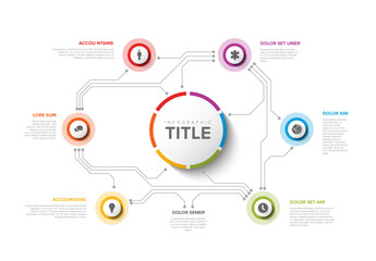 Infographic template layout with seven circle elements and electric circuit