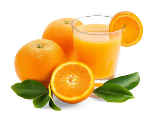 A glass of fresh orange juice surrounded by whole oranges, an orange slice, and green leaves, isolated on a transparent background, perfect for showcasing citrus freshness.