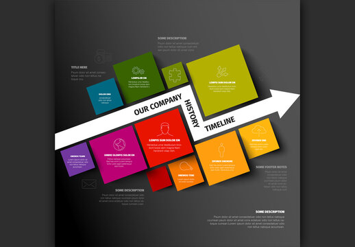 Multipurpose diagonal rainbow mosaic infographic timeline template made from squares and big arrow