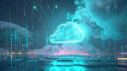 Cloud computing concept with binary code on blue background. 3D Rendering