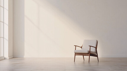 Fototapeta premium Mid-century modern chair centered in a completely empty room with clean lines Create a timeless, ultra-minimalist aesthetic with a focus on design elements