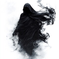 Fototapeta premium A spectral hooded figure with black mist swirling as it flies, on a white background