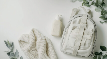 A white backpack with a bottle of lotion on top of it