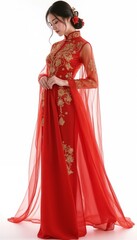 Elegant Asian woman in traditional red dress with embroidery and flowing cape on white background