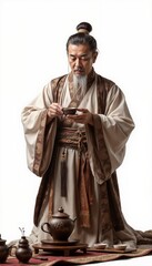 Elderly Asian man in traditional attire engaged in tea ceremony on white background