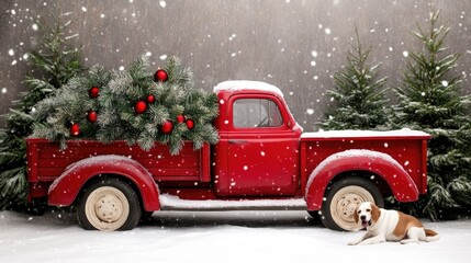 A red truck is parked on a snowy Christmas tree farm, where a golden retriever sits in the pickup bed, watching the falling snow and nearby trees, creating a nostalgic winter moment