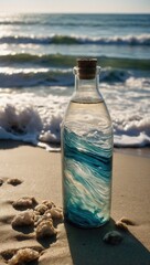 Bottle with blue-green sea-themed design filled with liquid, placed on sandy beach