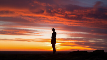 Silhouetted Figure Against a Breathtaking Sunset Sky