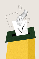 Vertical photo collage of hand hold ballot card paper sheet election container procedure government...