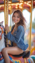 Fototapeta premium A woman is sitting on a carousel and smiling