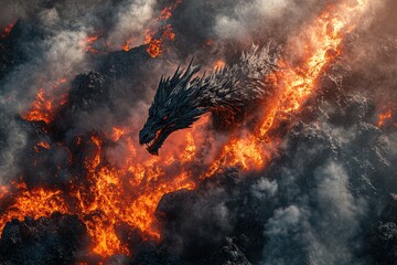 A dragon is in the middle of a fiery explosion