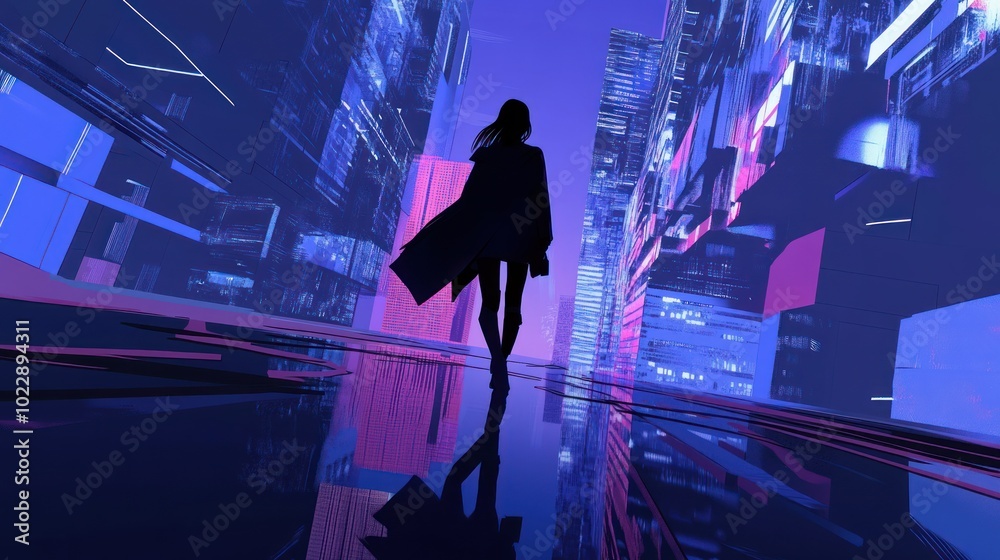 Wall mural A silhouetted figure walks through a futuristic cityscape with vibrant neon lights.