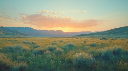 Fototapeta premium Sunset Over Grassland and Mountains