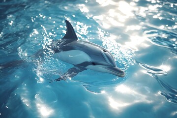 Obraz premium Graceful Dolphin Swimming in Tranquil Ocean Pool with Synchronized Routines