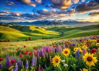 Obraz premium Vibrant Spring Landscape in Idaho Showcasing Lush Green Fields and Blooming Wildflowers