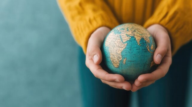 A close-up of hands holding a globe, symbolizing global unity and the collective effort of volunteers worldwide, [International Volunteer Day], [global impact, unity], ,