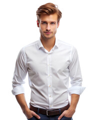 Fototapeta premium Young man in a stylish white shirt. Mock up isolated on white background