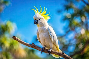 Vibrant Sulfur Crested Cockatoo Perched on a Branch Against a Clear Blue Sky in Natural Habitat