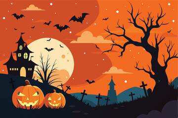 Fototapeta premium Spooky Halloween Night Castle Bats Pumpkins