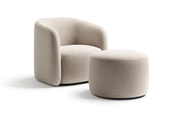 an armchair with a matching ottoman upholstered in soft fabric
