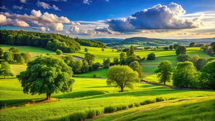Vibrant Summer Landscape with Green Fields, Blue Sky, and Lush Trees under Warm Sunshine Daylight