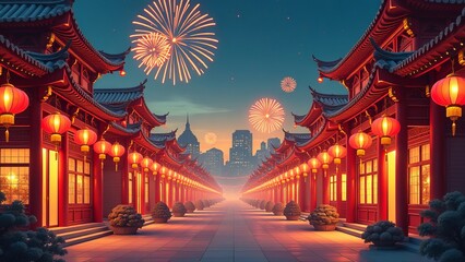 Fototapeta premium Chinese New Year market banner. Illustration of Asian people shopping at outdoor market where lots of street vendors selling festive goods. Firework for Chinese New Year