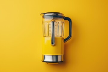 Bright yellow blender on a vibrant yellow background with clear liquid inside, demonstrating a modern kitchen appliance