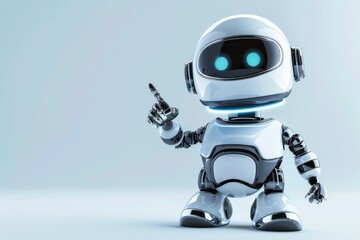 Naklejka premium A toy-like robot with bright blue eyes stands confidently, pointing its finger upwards. The setting is a simple, light-colored space highlighting its design.