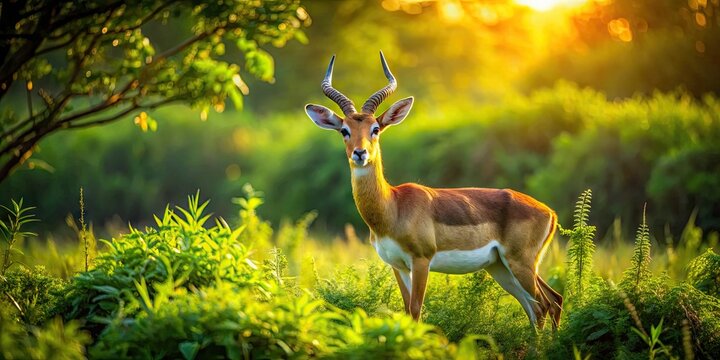 Vibrant Suni Animal in Natural Habitat with Lush Greenery and Bright Sunlight in the Background