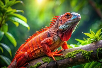 Fototapeta premium Vibrant Super Red Iguana Perched on Branch in Lush Green Environment Under Natural Sunlight