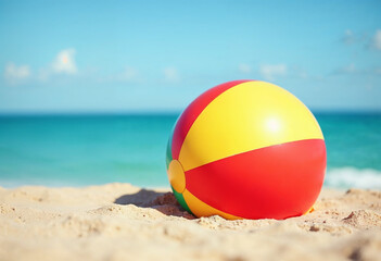 Obraz premium a large, colorful beach ball sphere resting on a sandy shore create with ai