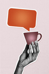Composite trend artwork sketch image photo collage of abstract hand hold cup drink coffee tea break...