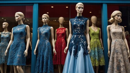 Fototapeta premium Stylish mannequins dressed in elegant women's dresses display fashionable outfits outside a store window, showcasing the latest trends