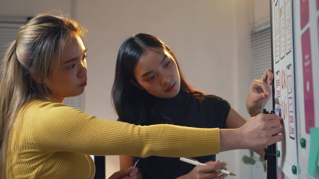 Ui designers collaborating on a project, utilizing sticky notes and a whiteboard during a brainstorming session