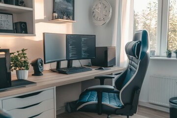 Fototapeta premium A minimalist home office with a sleek desk setup and a comfortable gaming chair