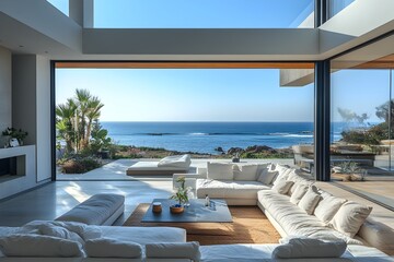 Fototapeta premium Luxurious Coastal Living Room with Panoramic Ocean View in Contemporary Beach House