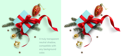 Christmas composition on a transparent background with a gift box, with red ribbon, fir branches, Christmas tree toys, real transparent neutral shadow. copy space for the design of your greetings
