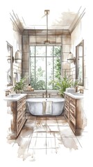 Sketches of a bathroom interior design, featuring a perspective view with a double sink and bathtub, a large mirror, and a modern style