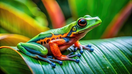 Naklejka premium Vibrant Tongue Frog Resting on Leaf in a Lush Green Environment of Tropical Rainforest Habitat